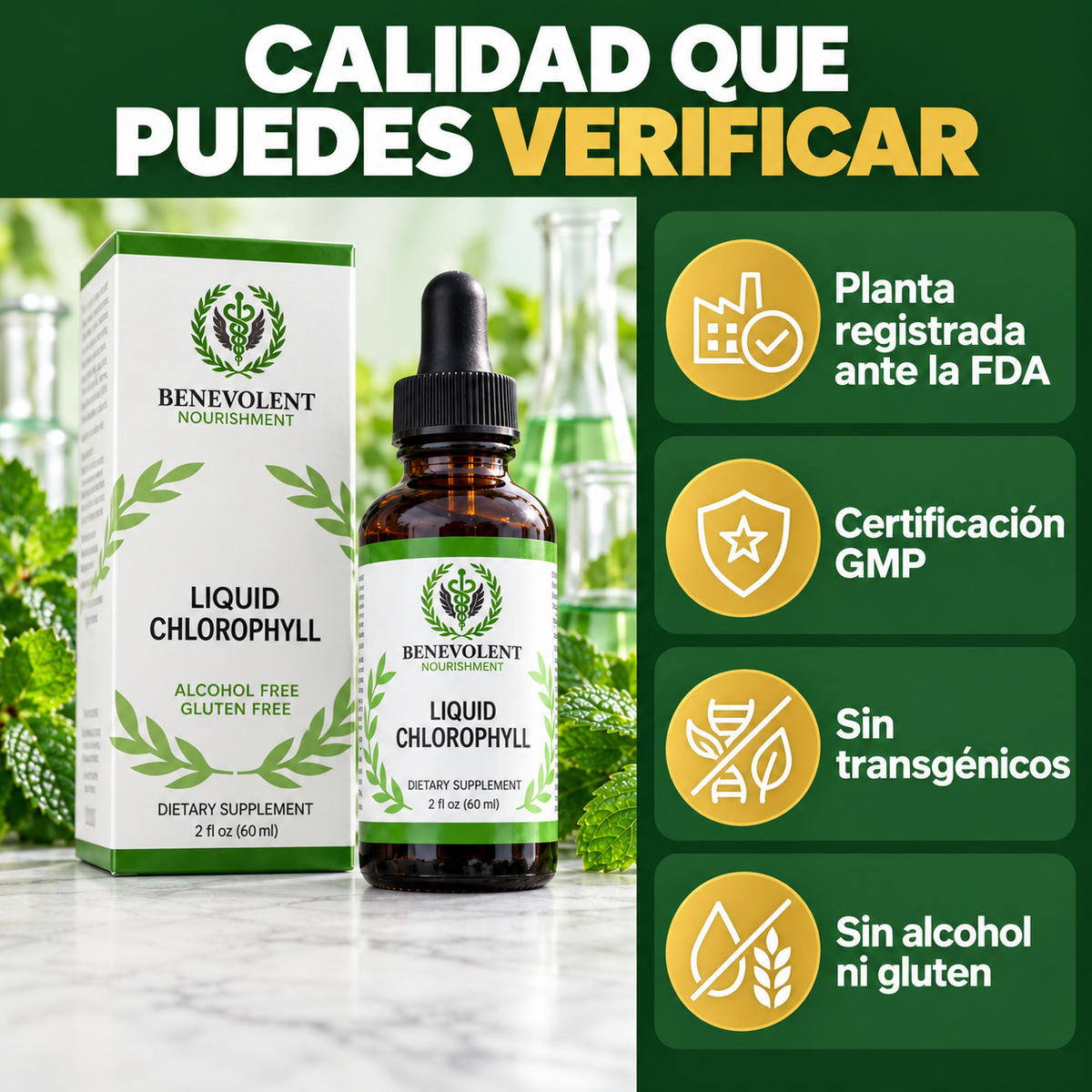 Caja de Clorofila Líquida: vegana, sin gluten, sin transgénicos, elaborada en planta registrada ante la FDA con certificación GMP y Kosher